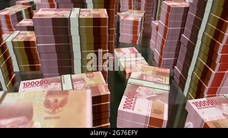 Illustrazione in 3d del Money Pack di Rupiah indonesiano. Pile di pacchetti di banconote HUF. Concetto di finanza, contanti, crisi economica, successo di affari, recessione, banca, Foto Stock