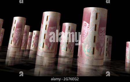 Illustrazione in 3d del Money Pack di Rupiah indonesiano. Pile di pacchetti di banconote HUF. Concetto di finanza, contanti, crisi economica, successo di affari, recessione, banca, Foto Stock