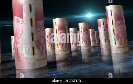 Illustrazione in 3d del Money Pack di Rupiah indonesiano. Pile di pacchetti di banconote HUF. Concetto di finanza, contanti, crisi economica, successo di affari, recessione, banca Foto Stock