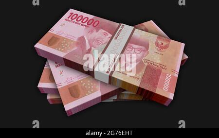 Illustrazione in 3d del Money Pack di Rupiah indonesiano. Pile di pacchetti di banconote HUF. Concetto di finanza, contanti, crisi economica, successo di affari, recessione, banca, Foto Stock