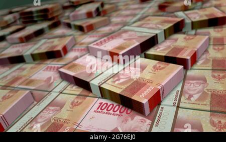 Illustrazione in 3d del Money Pack di Rupiah indonesiano. Pile di pacchetti di banconote HUF. Concetto di finanza, contanti, crisi economica, successo di affari, recessione, banca, Foto Stock