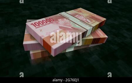 Illustrazione in 3d del Money Pack di Rupiah indonesiano. Pile di pacchetti di banconote HUF. Concetto di finanza, contanti, crisi economica, successo di affari, recessione, banca, Foto Stock