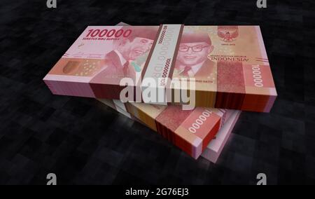 Illustrazione in 3d del Money Pack di Rupiah indonesiano. Pile di pacchetti di banconote HUF. Concetto di finanza, contanti, crisi economica, successo di affari, recessione, banca Foto Stock