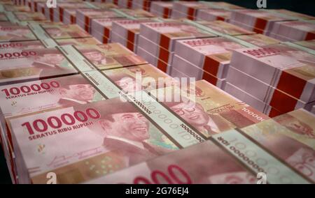 Illustrazione in 3d del Money Pack di Rupiah indonesiano. Pile di pacchetti di banconote HUF. Concetto di finanza, contanti, crisi economica, successo di affari, recessione, banca, Foto Stock