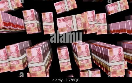 Illustrazione in 3d del Money Pack di Rupiah indonesiano. Pile di pacchetti di banconote HUF. Concetto di finanza, contanti, crisi economica, successo di affari, recessione, banca, Foto Stock