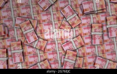 Illustrazione in 3d del Money Pack di Rupiah indonesiano. Pile di pacchetti di banconote HUF. Concetto di finanza, contanti, crisi economica, successo di affari, recessione, banca, Foto Stock