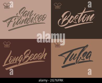 Scritta a mano vintage delle città d'America. Illustrazione di San Francisco, Long Beach, Tulsa, Boston.Vector. Illustrazione Vettoriale