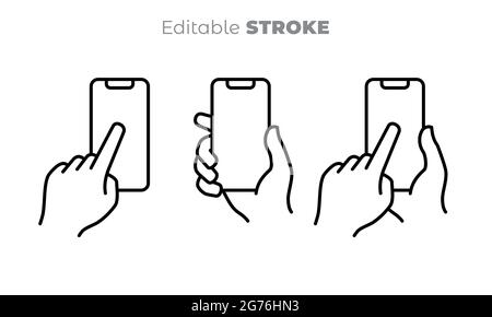 Mani che tengono il telefono cellulare. Dito che tocca lo schermo vuoto. Smartphone vettoriale, icona della linea del dispositivo elettronico. Disegno di linea modificabile. Bianco e nero Illustrazione Vettoriale