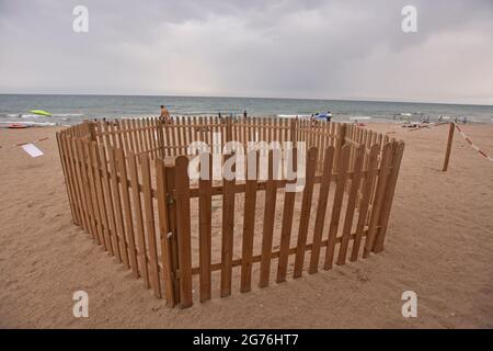 Vista di un nido di sabbia recintato dove la tartaruga di testa di loggera ha generato le sue uova alla spiaggia di Calafell.UNA tartaruga di testa di loggerhead (Caretta caretta), in grave pericolo di estinzione, è arrivato alla spiaggia di Calafell il 19 giugno per deporre 161 uova in un nido fatto nella sabbia. La polizia locale di Calafell ha preso 61 delle uova al CRAM (Centro per la conservazione e il recupero degli animali marini) A causa della necessità di un incubatore e il resto delle uova nel nido sono custodite 24 ore fino a quando non si schiudono dal Gruppo per lo studio e la protezione degli ecosistemi catalani - ecologi della Catalogna (GEPEC-EDC) durante i due mesi Foto Stock