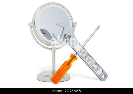 Assistenza e riparazione di specchio da trucco illuminato a LED con lente di ingrandimento isolata su sfondo bianco Foto Stock