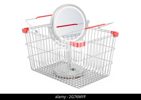 Cestino con specchio da trucco illuminato a LED con lente d'ingrandimento. Rendering 3D isolato su sfondo bianco Foto Stock