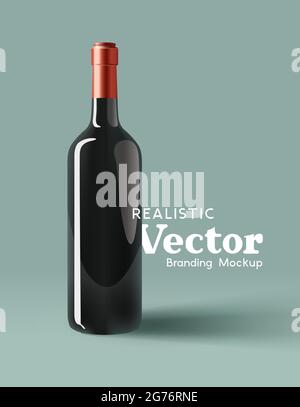 Una bottiglia di vetro realistica di vino rosso marca mock up. Modello di marketing contemporaneo illustrazione vettoriale Illustrazione Vettoriale