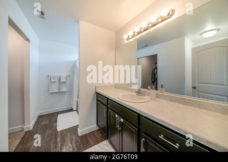 Grande bagno principale con unità vanity e armadio a muro Foto Stock