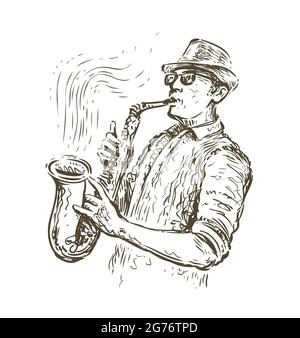 Sassofono jazz sketch giocatore. Concetto musicale in stile vintage Illustrazione Vettoriale