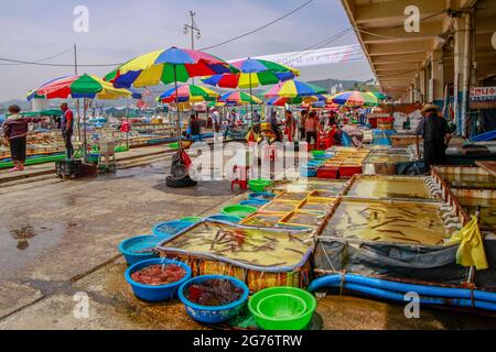 12 luglio 2021-Samcheok-A Vista del villaggio di mercato di cibo di mare e della scena portuale a Donghae, Corea del Sud. Foto Stock