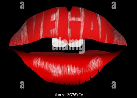 La parola vegan è vista sul labbro superiore di una serie di labbra e denti in questa illustrazione 3-d. Foto Stock