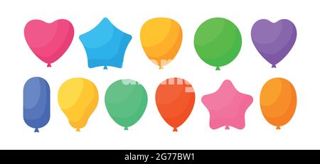 Set di cartoni animati colorati per il compleanno del pallone. Rainbow leavy palloncini aerei elio collezione piatta per la festa. Festa anniversario sorpresa regalo simbolo cerchio rotondo, forma del cuore. Illustrazione vettoriale isolata Illustrazione Vettoriale