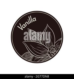 Fiore alla vaniglia in stile vintage con etichetta circolare o modello con logo. Line Art Etching Blossom design a forma di cerchio per Logo, emblemi, etichette, adesivi e stampe, prodotti spa e bellezza Illustrazione Vettoriale