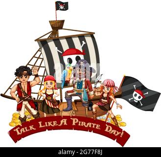 Molti pirati cartoon carattere sulla nave con parlare come un giorno pirata illustrazione carattere Illustrazione Vettoriale