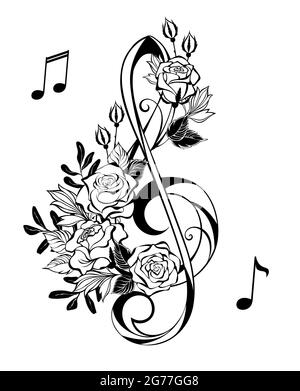 Tasto contorno nero con rose artistiche con foglie nere su sfondo bianco. Stile tatuaggio. Treble clef. Illustrazione Vettoriale