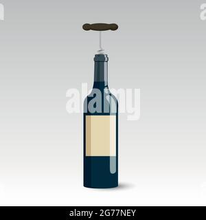 Bottiglia di vino con silhouette a forma di cavatappi di vino su bianco Illustrazione Vettoriale