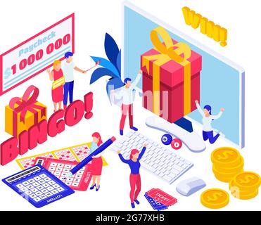 Lotteria jackpot acquisto biglietti online gratta e vincita vincita premio stipendio celebrazione composizione isometrica illustrazione vettoriale Illustrazione Vettoriale