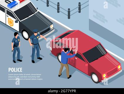 Composizione isometrica dello sfondo della polizia con paesaggi di strada e auto con ufficiali di scena custodia e testo modificabile illustrazione vettoriale Illustrazione Vettoriale