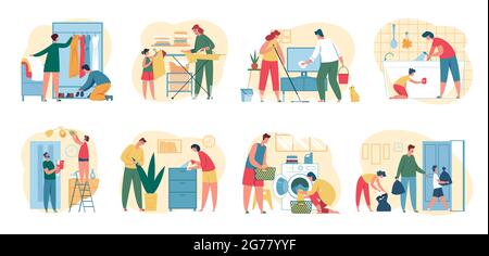 Pulizia della casa. Genitori con i capretti che fanno i chores di lavoro domestico. Uomini e donne stirare abiti, pavimento per la pulizia. Set vettoriale concetto di pulizia della molla. Pulendo la polvere, facendo il bucato insieme Illustrazione Vettoriale
