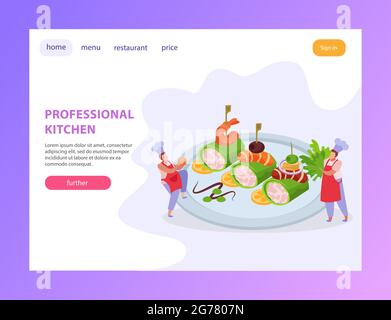 Landing page professionale della cucina con pulsanti cliccabili link di testo modificabili e l'immagine della piastra gourmet con illustrazione vettoriale dei cuochi Illustrazione Vettoriale