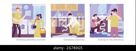 Impianto idraulico di tre composizioni quadrate con caratteri umani piatti di clienti e idraulici al lavoro illustrazione vettoriale Illustrazione Vettoriale