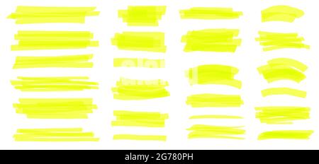 Linea evidenziatore. Tratti, linee, cornici dei marcatori gialli. Evidenziatori disegnati a mano penne scrivibili, evidenziate con testo o sottolineate insieme di vettori. Elementi permanenti luminosi isolati su collezione bianca Illustrazione Vettoriale