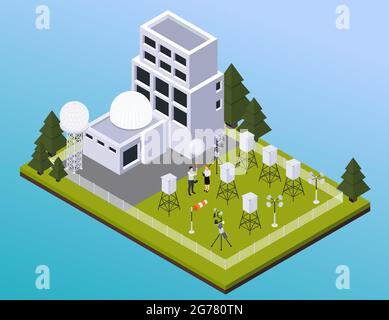 Meteorologia previsione meteorologica composizione isometrica con vista del sito esterno con edifici di stazioni meteo e radar illustrazione vettoriale Illustrazione Vettoriale