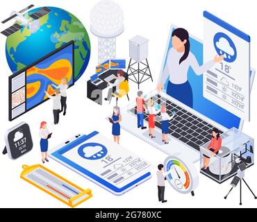 Meteorologia Previsioni meteo composizione isometrica con immagini di schermi di computer satellite e radar con caratteri umani illustrazione vettoriale Illustrazione Vettoriale