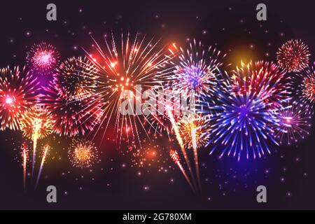 Composizione realistica del bordo dei fuochi d'artificio con sfondo del cielo notturno e schizzi colorati con particelle volanti e puntini illustrazione vettoriale Illustrazione Vettoriale