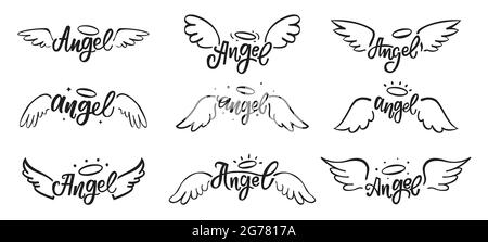 Le ali d'angelo disegnate a mano scarabocchiano. Tatuaggio in piume dell'ala angelica con scritte. Ali di uccelli magici con contorno di alone schizzo insieme vettoriale. Fantasia volante creatura con nimbus isolato su bianco Illustrazione Vettoriale