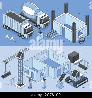 Set di striscioni per costruttori orizzontali con immagini isometriche di macchinari per materiali da cantiere e illustrazioni vettoriali di caratteri umani Illustrazione Vettoriale