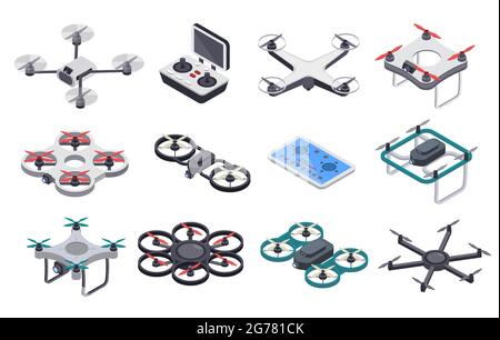 Droni isometrici. Drone volante con eliche e telecamera, radiocomando. Velivolo telecomandato senza equipaggio, droni per la consegna impostati come vettore. Piccoli dispositivi elettronici di forma diversa Illustrazione Vettoriale