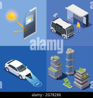 Smart City Technologies concetto di progettazione isometrica con immagini di bus remoto e edifici con illustrazione vettoriale elipad Illustrazione Vettoriale