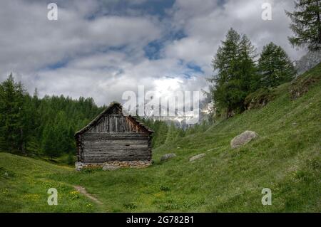 Tradizionale fienile alpino italiano nei pressi di Crampiolo nelle alpi italiane, costruito in legno e pietra, in background foresta e montagne innevate Foto Stock