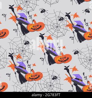Modello senza cuciture di Halloween con scopa streghe e zucca, cartoni animati piatto illustrazione vettoriale. Illustrazione Vettoriale