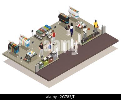 Persone che usano la scheda elettronica touch screen presso il negozio di abbigliamento illustrazione vettoriale isometrica 3d Illustrazione Vettoriale