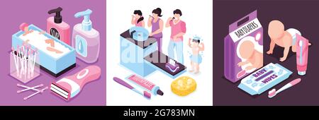 Concetto di igiene isometrica con caratteri umani di bambini e adulti con prodotti medici personali forniture illustrazione vettoriale Illustrazione Vettoriale