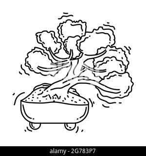 Icona bonsai da giardinaggio. Set di icone disegnate a mano, nero contorno, icona doodle, disegno di icone vettoriali. Illustrazione Vettoriale