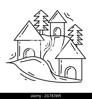 Icona del villaggio di giardinaggio. Icona disegnata a mano, nero di contorno, icona del doodle, disegno dell'icona del vettore. Illustrazione Vettoriale