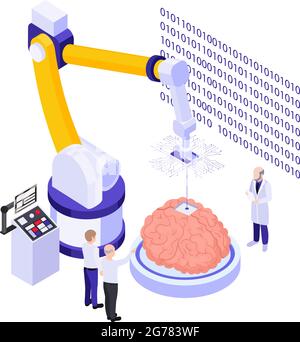 Sistema di installazione di chip cerebrali completamente automatizzato tecnologie innovative composizione isometrica con braccio robotico che esegue la chirurgia illustrazione vettoriale Illustrazione Vettoriale