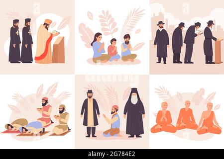Religioni del mondo composizione piatta icona insieme con buddisti in preghiera cristiani ebrei e musulmani illustrazione vettoriale Illustrazione Vettoriale