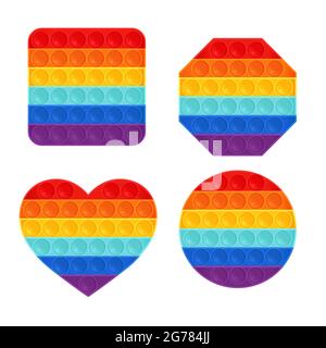 Set di fidgets pop IT alla moda. Sensoriali fidget antistress giocattoli per bambini in colori arcobaleno. Illustrazione vettoriale in stile piatto Illustrazione Vettoriale