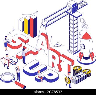 Costruzione e sviluppo di startup concetto di progettazione 3d in stile sottile disegno vettoriale isometrico Illustrazione Vettoriale