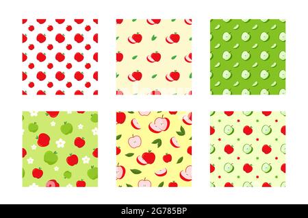 Impostare il motivo con mela rossa e verde. Il motivo delle mele mature su sfondo bianco e giallo. Illustrazione Vettoriale
