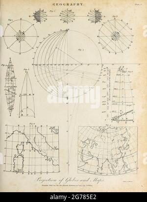 Proiezione di globi e mappe incisione su copperplate dell'Enciclopedia Londinensis OR, dizionario universale delle arti, delle scienze e della letteratura; Volume VIII; a cura di Wilkes, Giovanni. Pubblicato a Londra nel 1810. Foto Stock